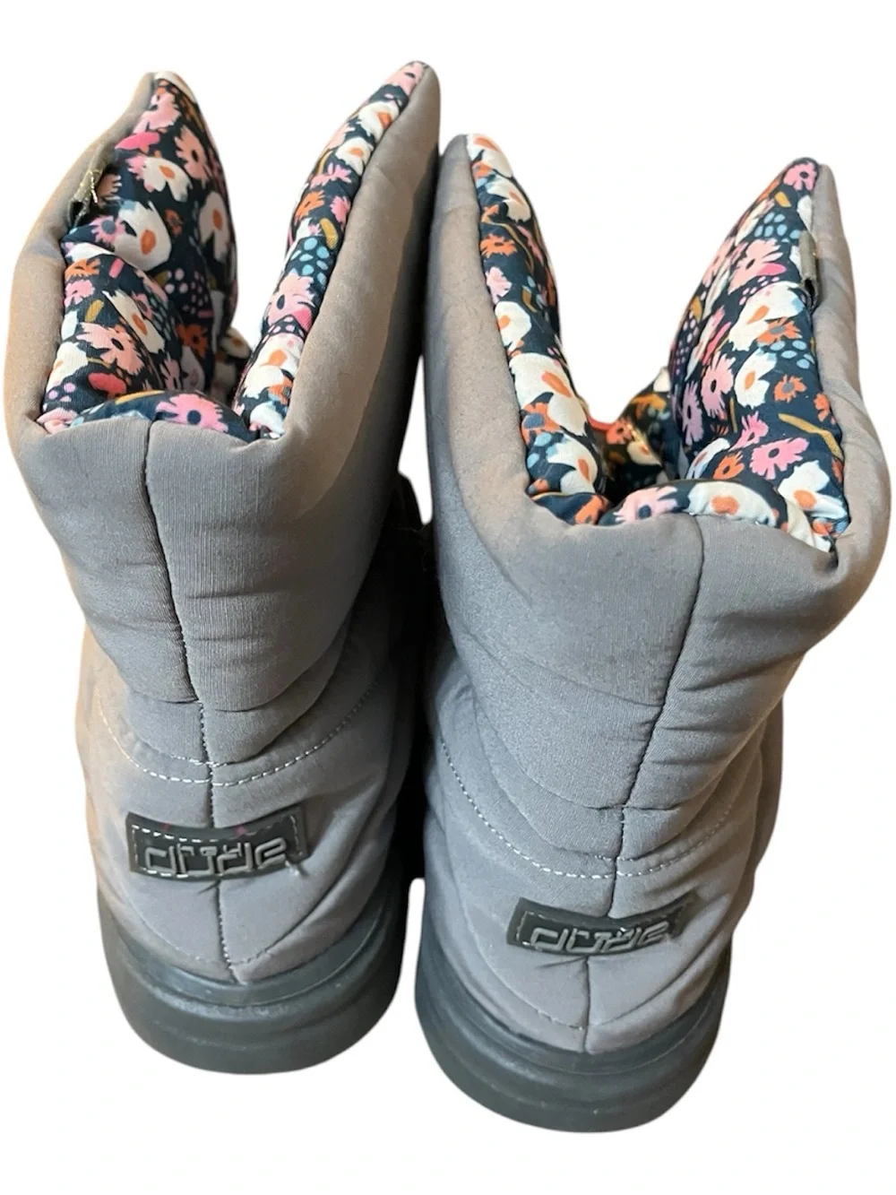 Hey Dude Gray Winter Rain Boots with Floral Lining and Pink Accents